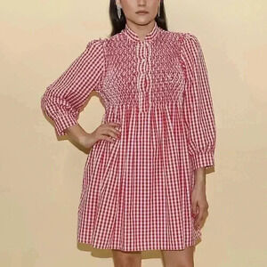 Vintage Red Gingham Baby Doll Dress Size Small Long Sleeve Dress Mock Neck Dress